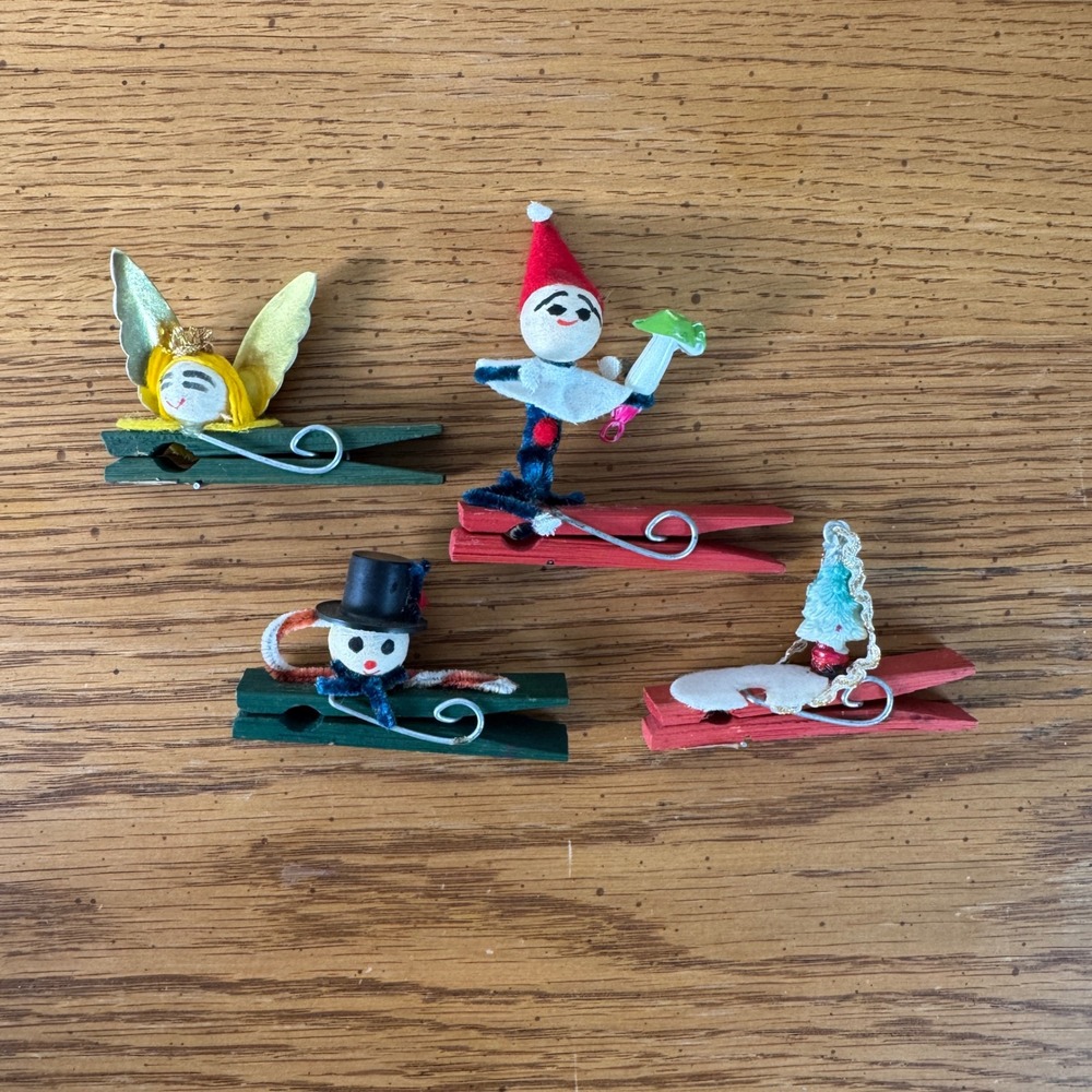 Vintage Christmas‎ Clothespin Ornaments Lot of 4 Japan Snowman Elf Angel Tree